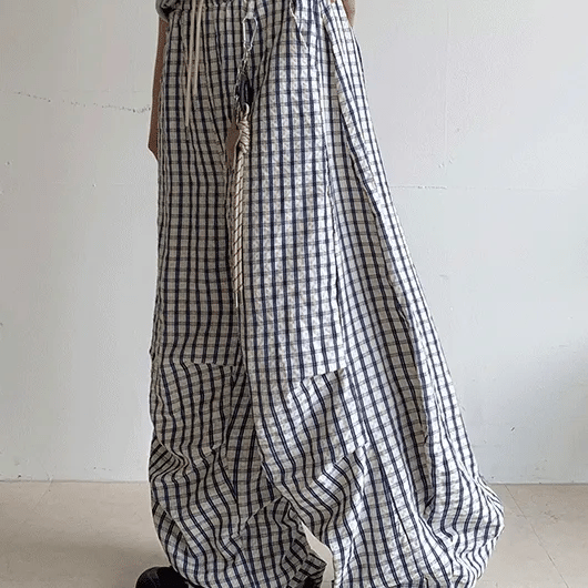 Ahonp Seersucker Check Elastic Waist Wide Pants