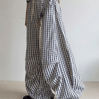 Ahonp Seersucker Check Elastic Waist Wide Pants