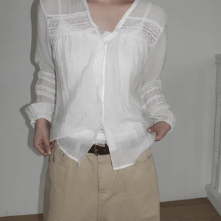 Hiroe Sheer Lace V-Neck Loose Fit Blouse