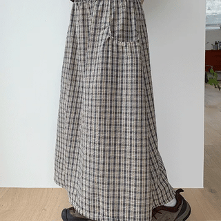 Gentu Seersucker Check Pocket Elastic Long Skirt