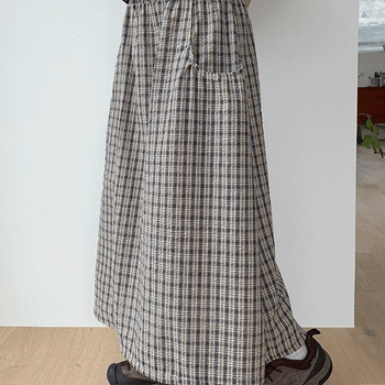 Gentu Seersucker Check Pocket Elastic Long Skirt