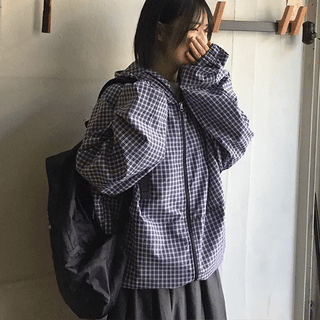 Obeni Two-Way String Check Over Hooded Wind Jumper