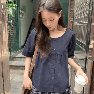 Fahin Linen Frill Short Sleeve Blouse