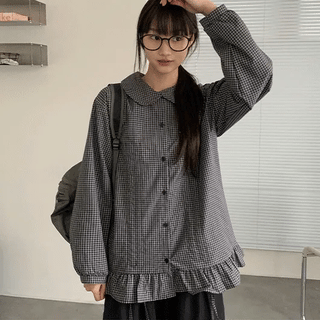 Chapney Check Shirred Round Collar Frill Shirt