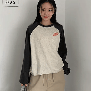 Ponche Printed Raglan Color Block Long Sleeve T-shirt