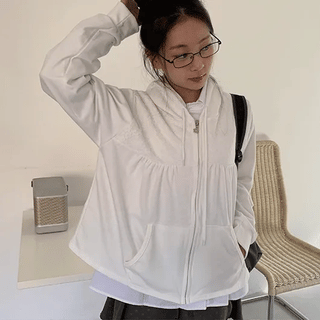 Sigyu Flower Lace Shirred Zip-Up Hoodie