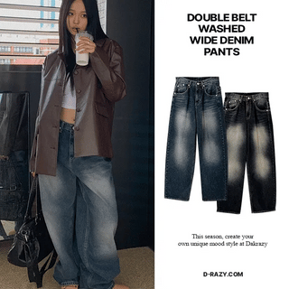 Double Belt Washed Wide Denim Pants