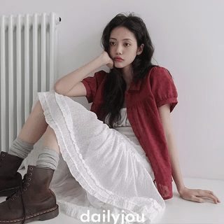 Delia Flower Pattern See-through Shirred Collar Blouse