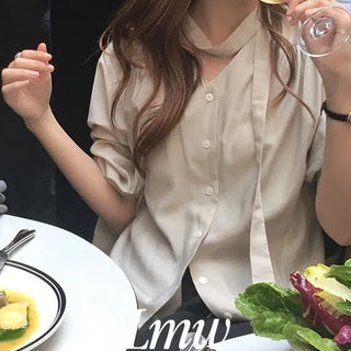 Loose Fit Shirred Tie Blouse