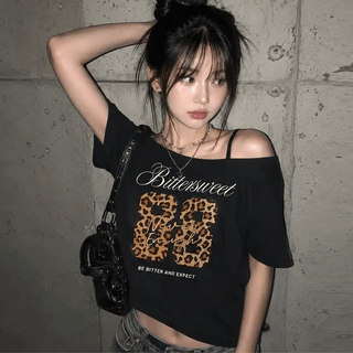 Leopard Heart Off-Shoulder T-Shirt
