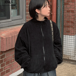 Mervenkey Waffle Corduroy Collar Zip-Up Jumper