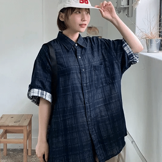 Mebut Roll-up Check Oversized Short Sleeve Shirt