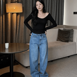 Two-line dark blue wide denim pants
