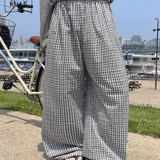 Libisch Summer Seersucker Check Elastic Waist Wide Pants