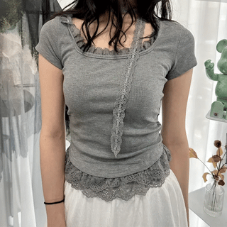 Puff Lace Shirred Top  Summer Short Sleeve Blouse Lace Layered Fake Layered Puff Ribbon Sleeveless Vintage Unique Y2K Pinterest Cardigan Summer