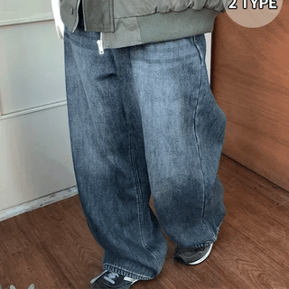 Bock-lined Washed Denim Wide Pants