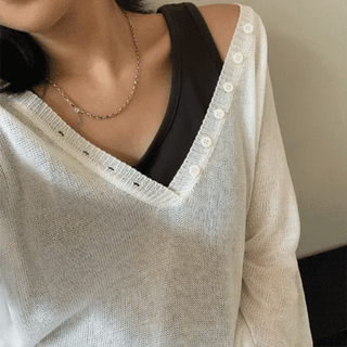 Banana Summer Deep VNeck Button Knit