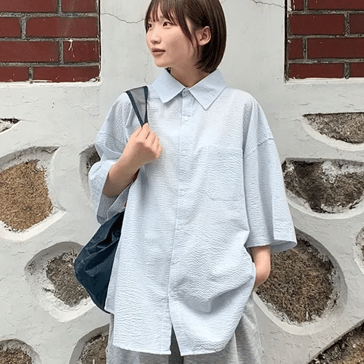 Musent Seersucker Stripe Oversized Short Sleeve Shirt