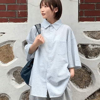 Musent Seersucker Stripe Oversized Short Sleeve Shirt