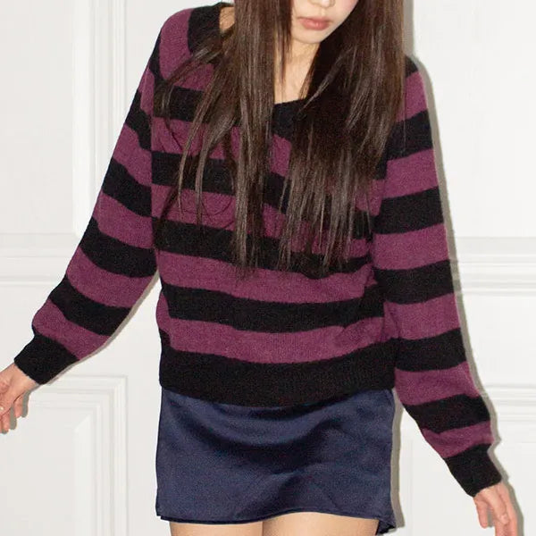 Wool Striped V-Neck Long Sleeve Knit 2 Colors