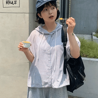 Minkol Check Hoodie Short Sleeve Shirt