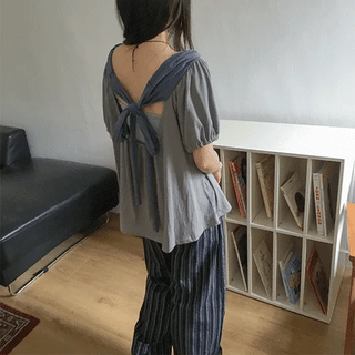 Kahini Off-shoulder Tie Shirred Short Sleeve Tee