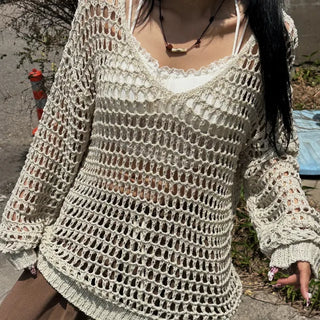 Unique Damaged Mesh Knit Top  Delicate Fit Loose Fit Damaged Knit Vintage Y2K Summer Long Sleeve Cover-up Layered Mesh Knit Mesh Knit See-through Long Sleeve Tee Knit Summer Salanta Summer Knit
