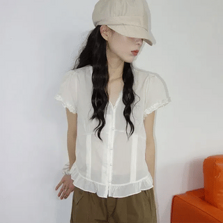 Delphinium Asa Lace Square Neck Short Sleeve Blouse