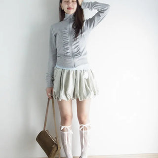Shirred high-neck zip-up
