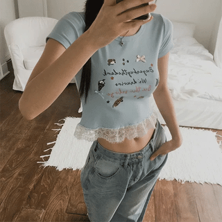 Kitsch ribbon lace short-sleeve T-shirt