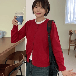Qdiz Color Round Plain Knit Cardigan