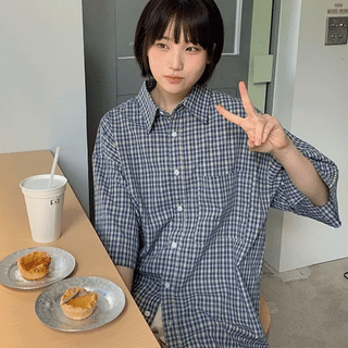 Rimming Pocket Check Oversized Short Sleeve Shirt