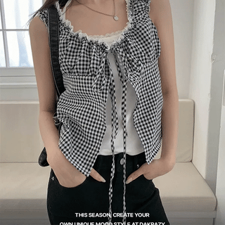 Lace Sleeveless Check Puff Blouse Set