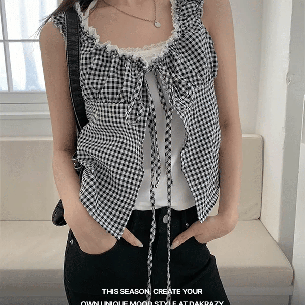 Lace Sleeveless Check Puff Blouse Set
