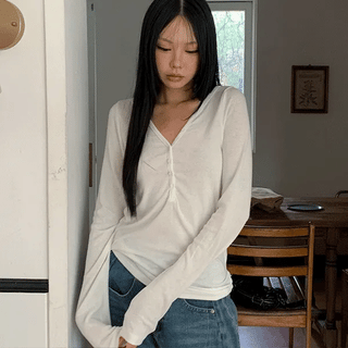 Henley neck button V-neck long-sleeve T-shirt