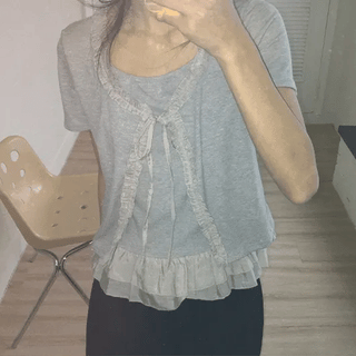 Pokapo Frill Layered Ribbed Short Sleeve Cardigan