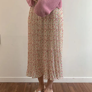 Meiyan Small Floral Chiffon Shirred Pleated Elastic Long Skirt