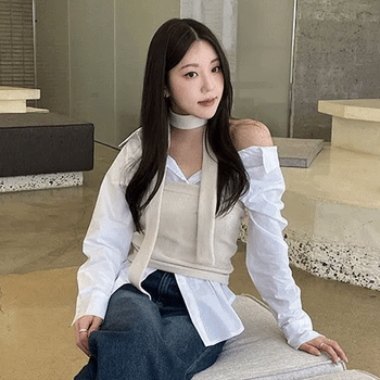 Tie Muffler Knit Tube Layered Top Set