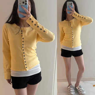 Slim Fit Button-Sleeve Round Neck Short Knit Cardigan