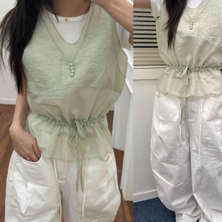 Loose Fit Plain Shirred String Button Sleeveless Blouse