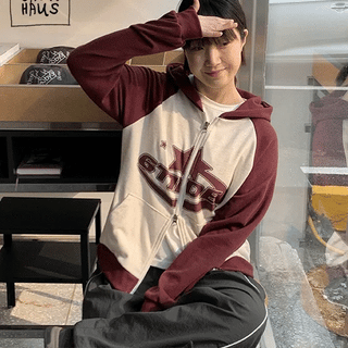 Teld Print Contrast Raglan Zip-Up Hoodie