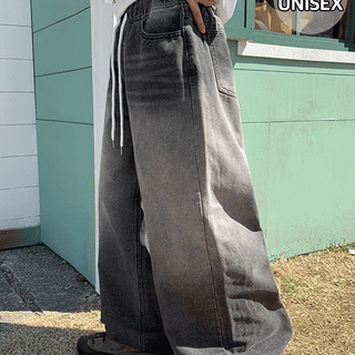 Denso Washed Denim Elastic Waist Wide Pants
