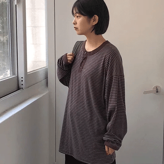 Kitbee Striped Henley Neck Long Sleeve Tee