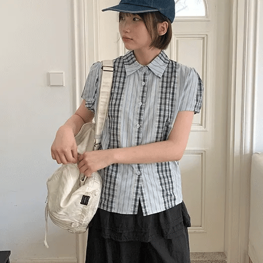 Bident color-block check short-sleeve shirt