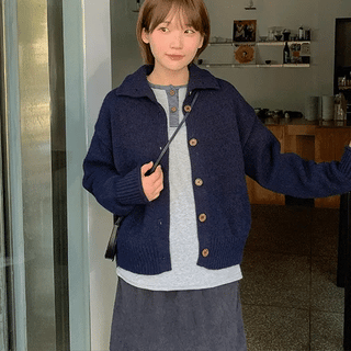 Towel Cropped Collar Knit Cardigan