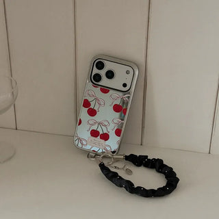 [SET] Ribbon Cherry Mirror Silver Bumper Case + Strap
