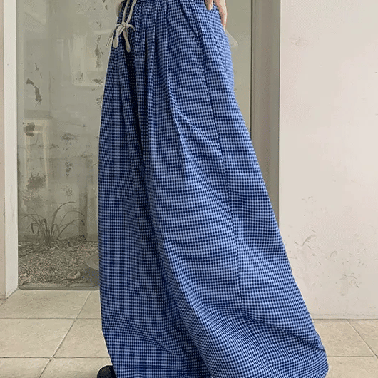 Gyudi Summer Check Elastic Waist Wide Pants