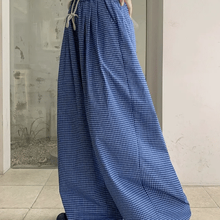 Gyudi Summer Check Elastic Waist Wide Pants