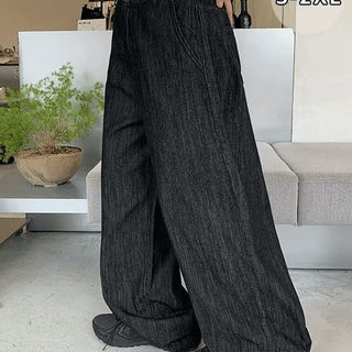Puiki Elastic Waist Wide Denim Pants