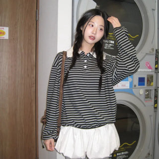 Striped Fur Collar T-shirt